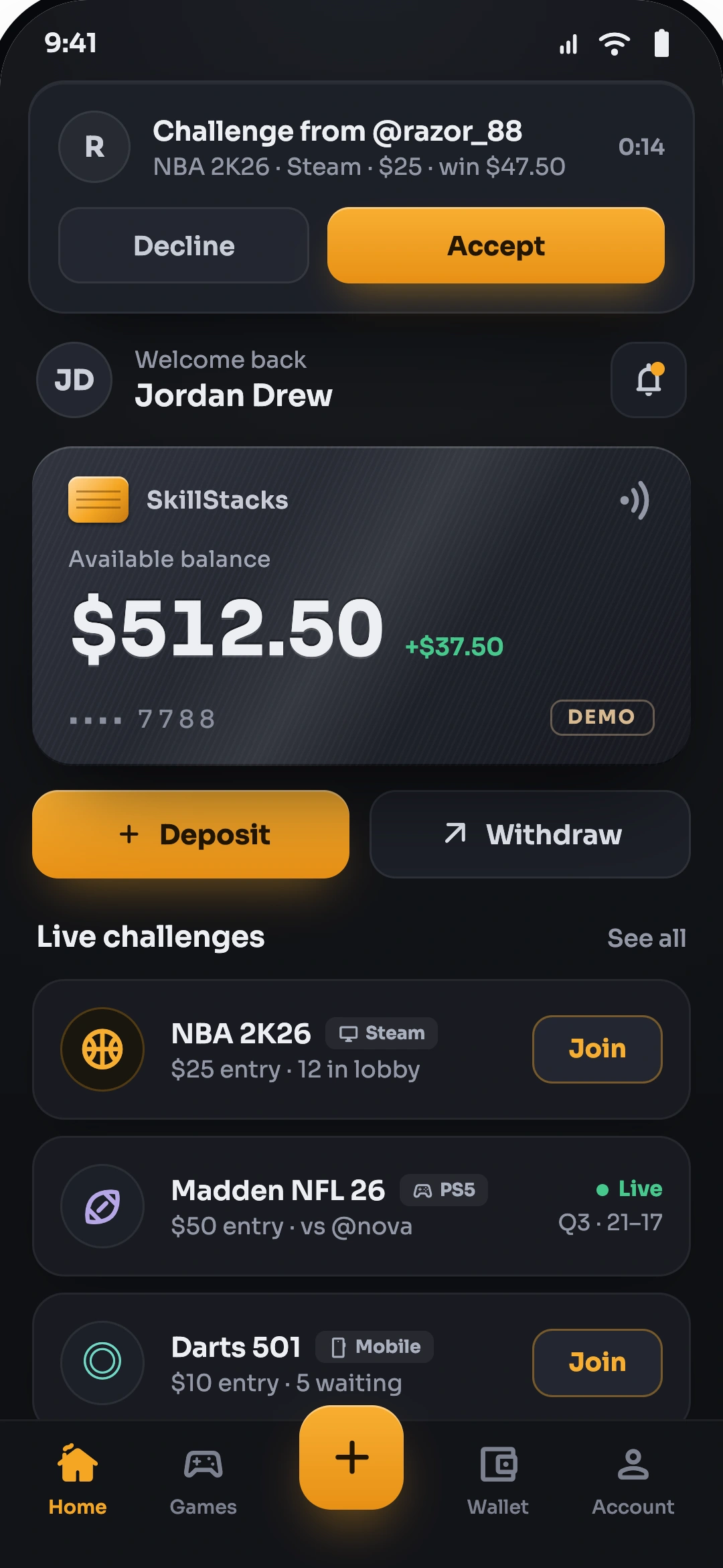 SkillStacks home screen with wallet balance and live challenges