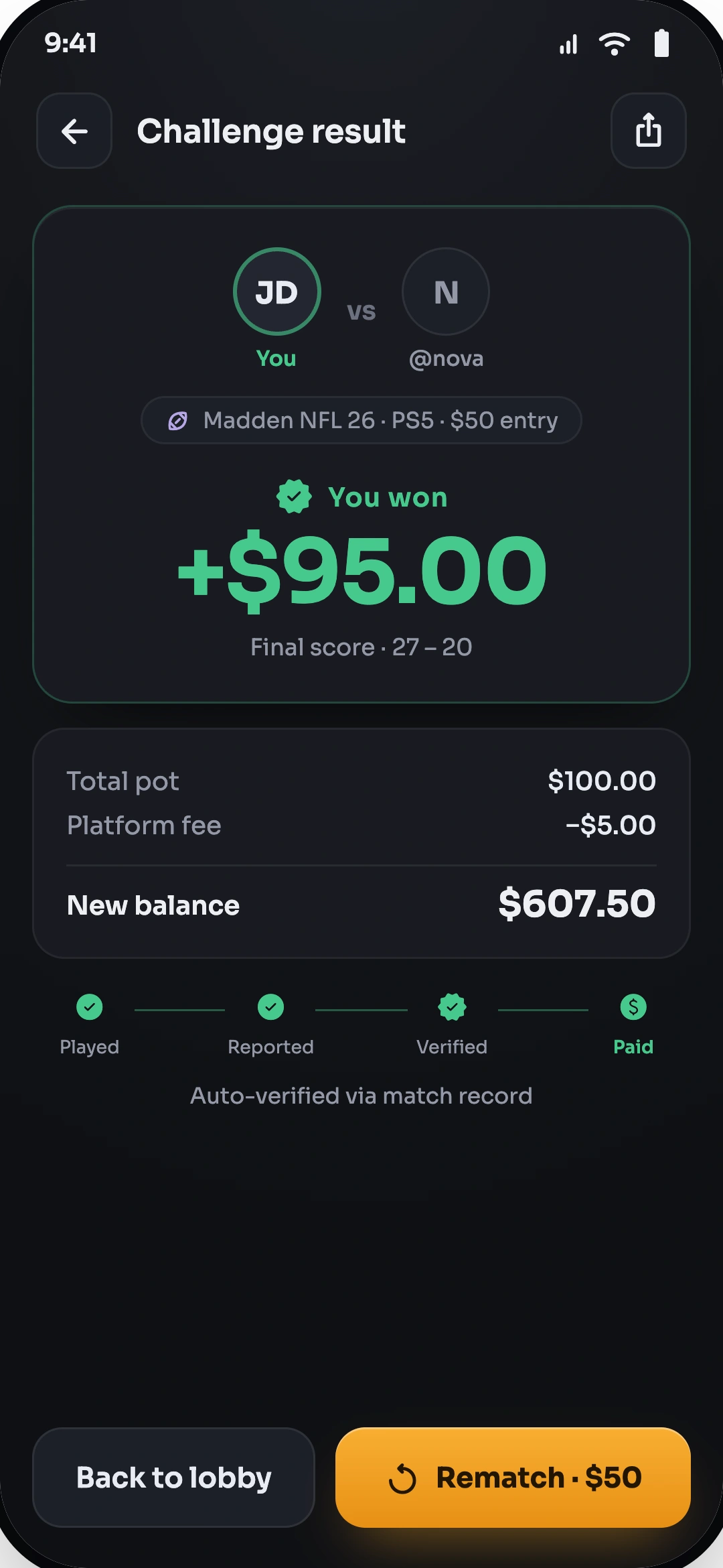 SkillStacks challenge result and payout screen