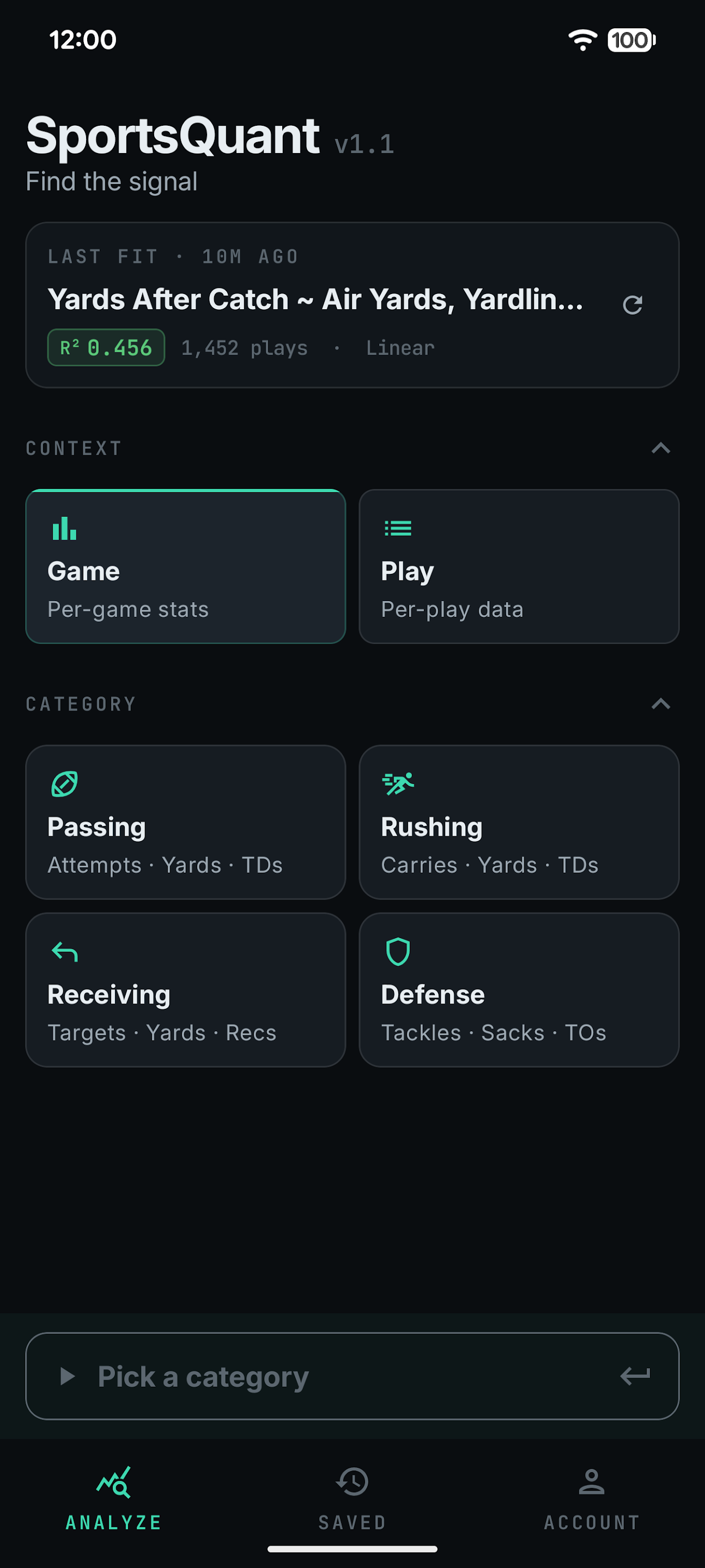 SportsQuant Analyze landing screen with regression categories