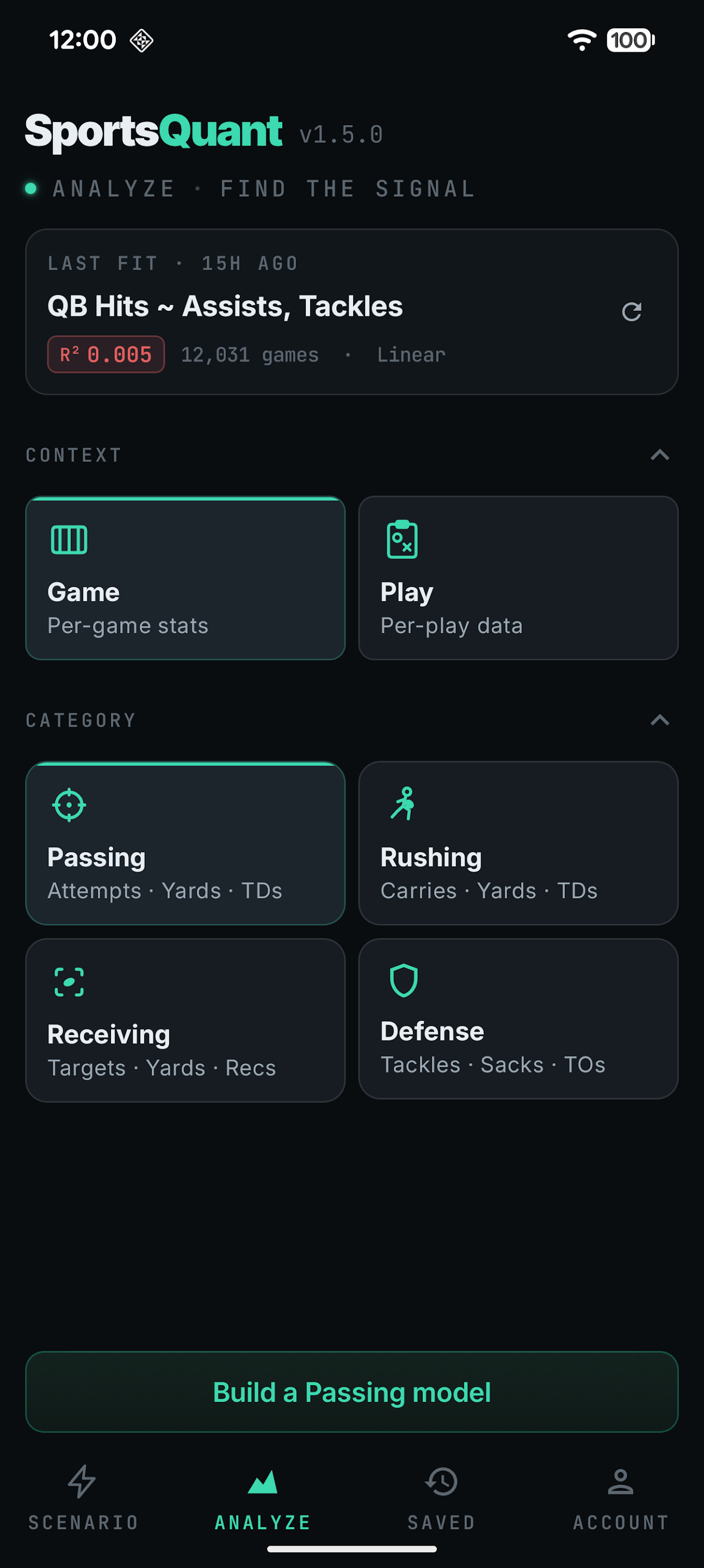 SportsQuant Analyze home with model context and category cards