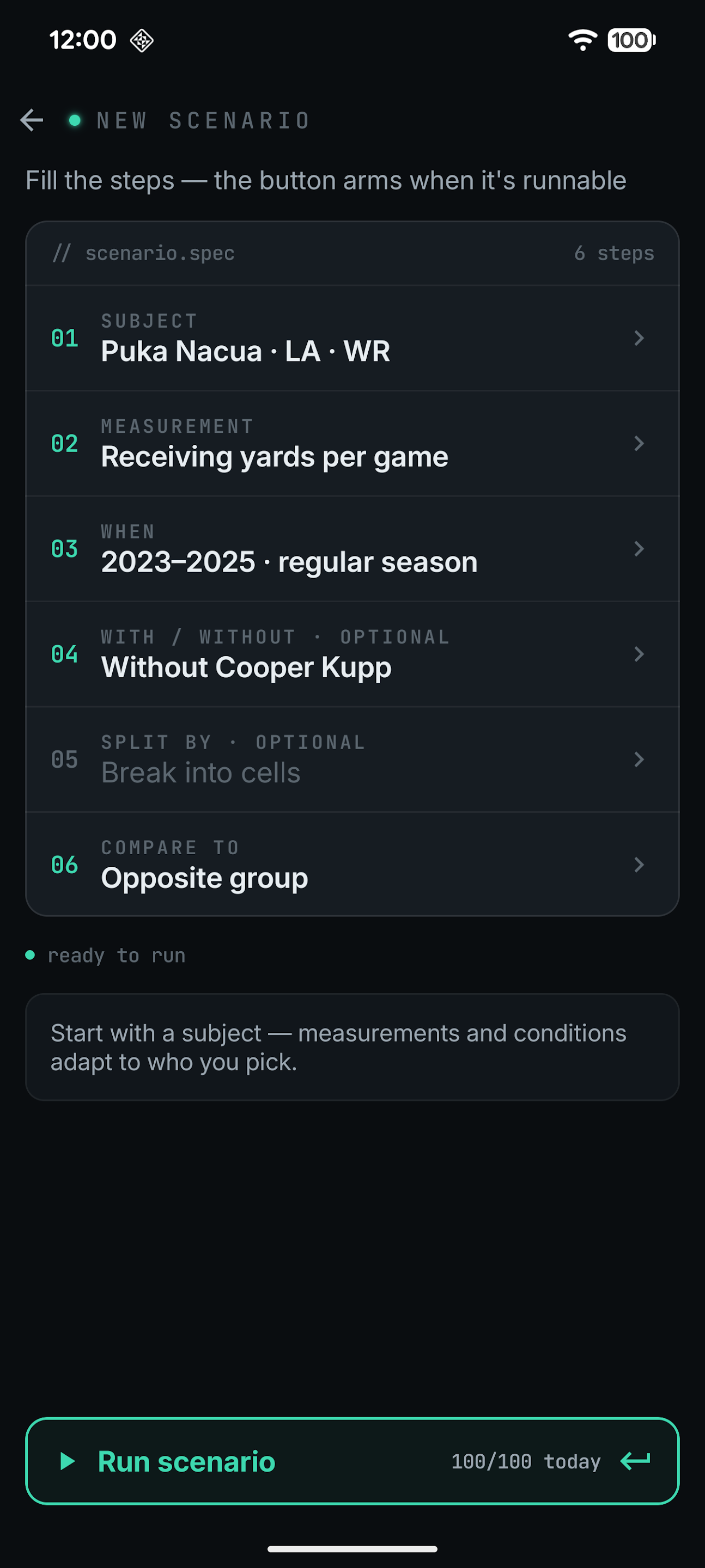 SportsQuant scenario builder with a six-step spec ready to run