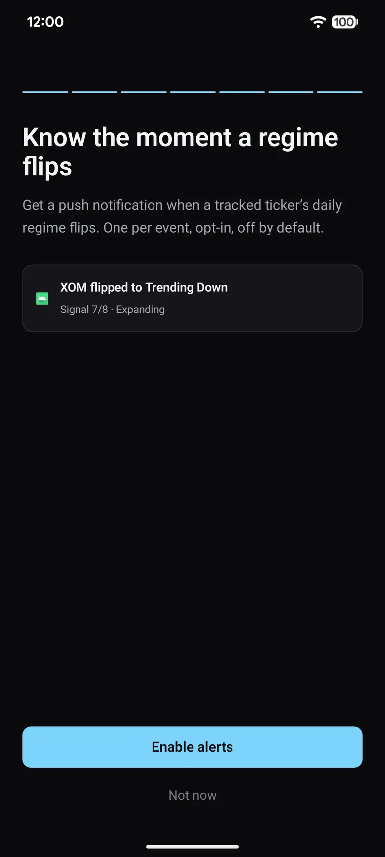 StateQuant alerts opt-in showing an example regime flip notification